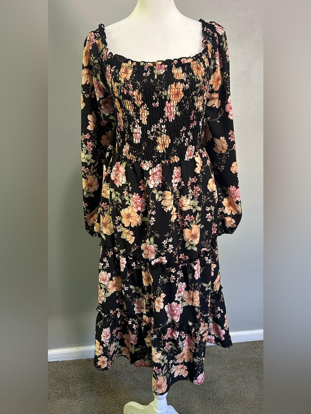 As U Wish Black Floral Smocked Tiered Maxi Dress with Pink and Peach Blooms